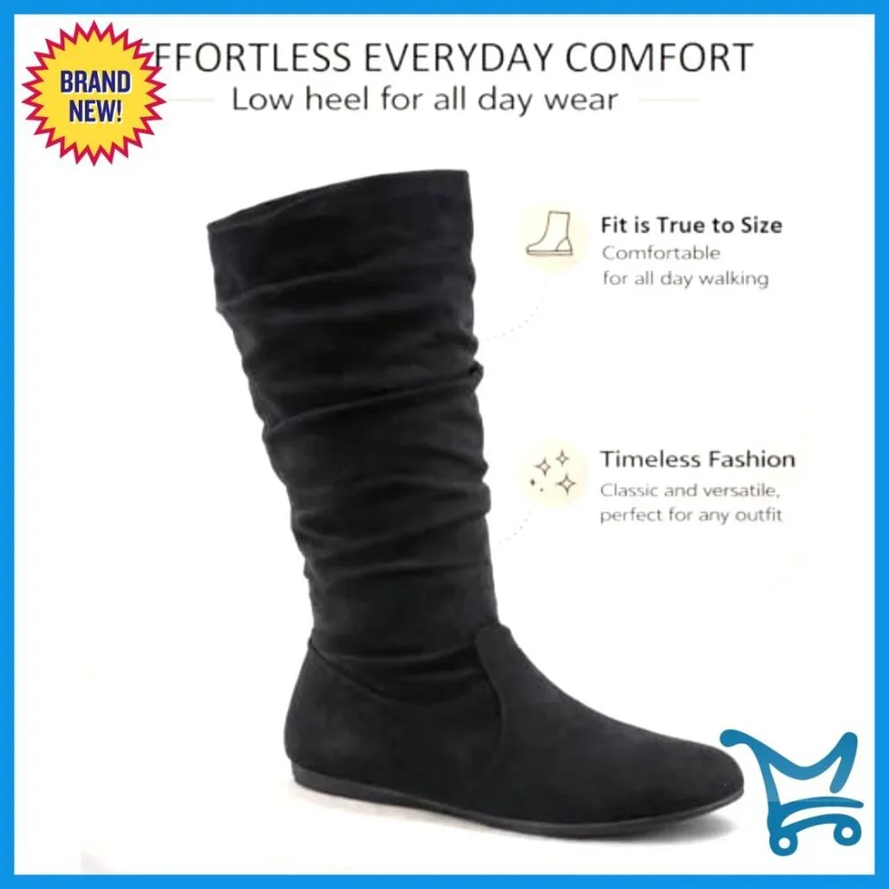 Mid-Calf Boots Slouchy Flat Heel Synthetic Faux Suede Zip Closure